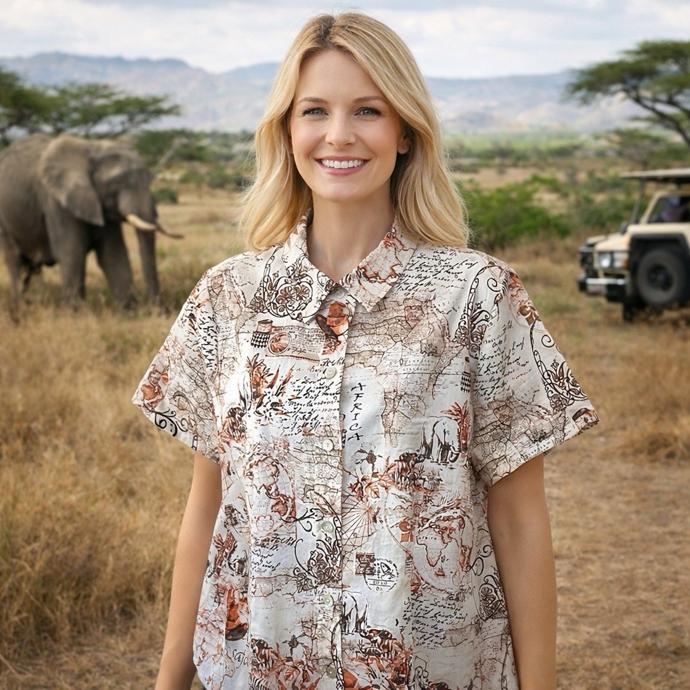 NEW Chico's African Safari Button Down Short Sleeve Shirt Travel Vacation 2 L/12